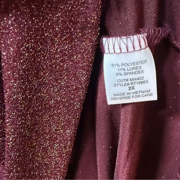 NWT Misia Curvy 2X Burgundy Metallic Sparkle Tie-Back Ruffle Sleeve Top - Picture 6 of 9